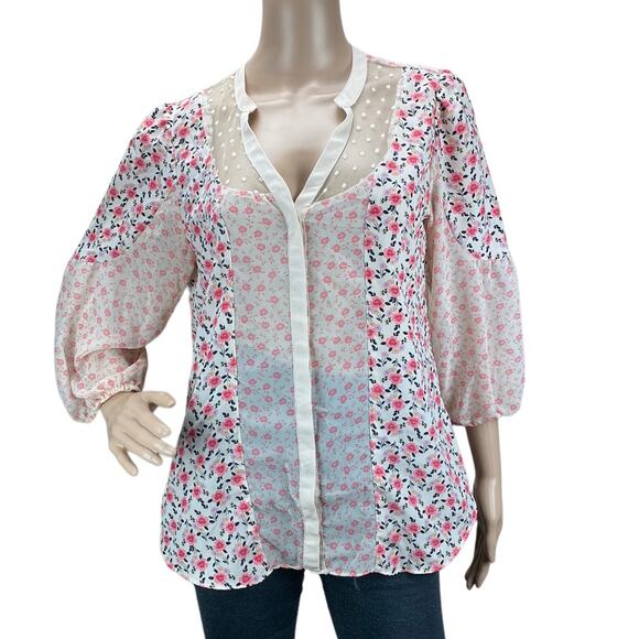 LC Lauren Conrad Women's Multicolor Floral 3/4 Sleeve V-Neck Blouse Top Size M - Picture 1 of 6